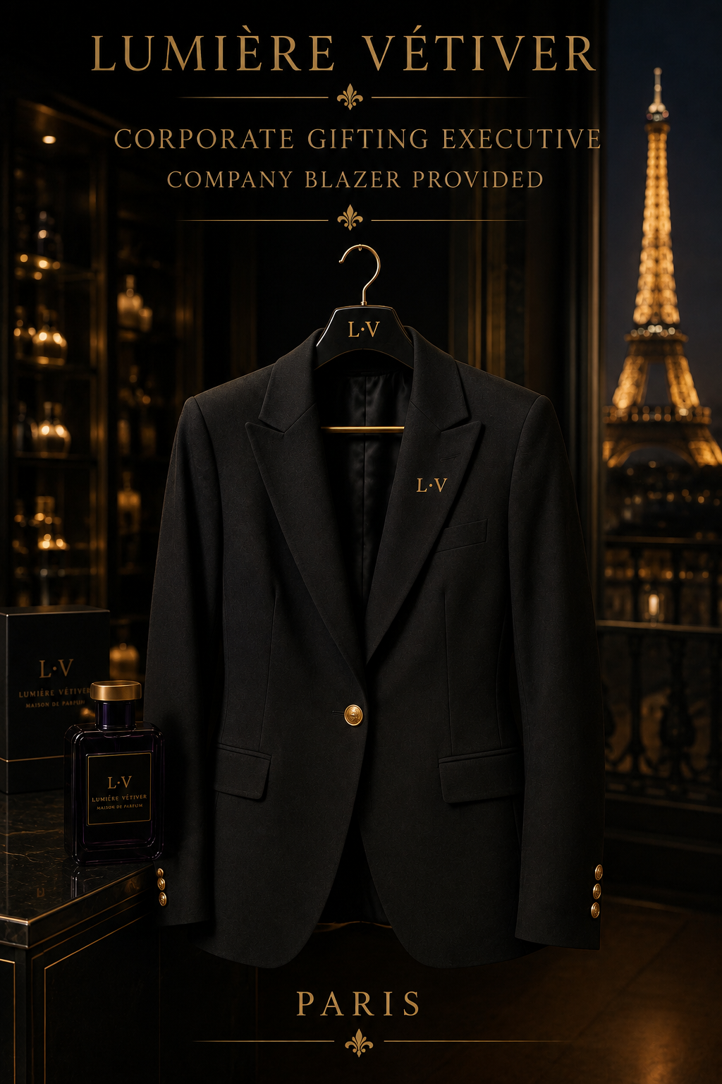 Black Lumière Vétiver company blazer displayed in Paris